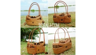 bali ethnic small tote handbag rattan grass with coco button handmade